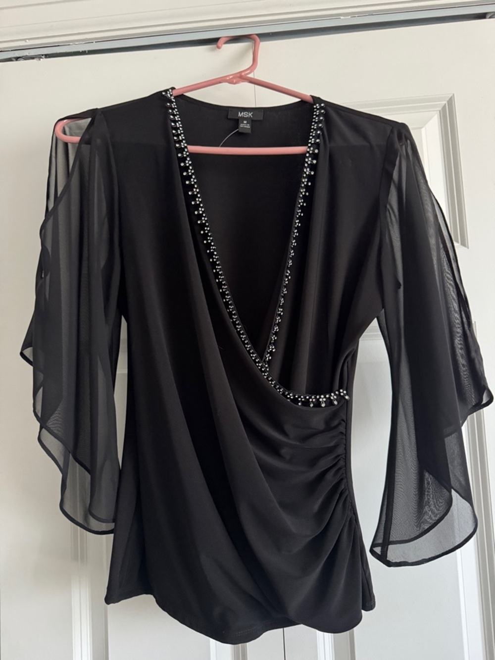 MSK Black Beaded Surplice Blouse with Sheer Flutter Sleeves